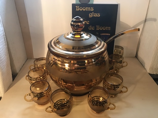 Booms Bowl set / Punch stel Amber met gouden banden 12 delig, perfect